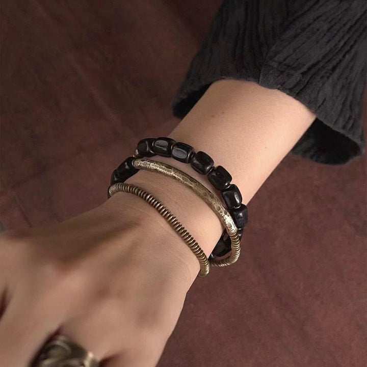 Pulsera curativa multicapa de cobre con cuentas de madera de ébano tibetano y Buddha Stones de la paz vintage