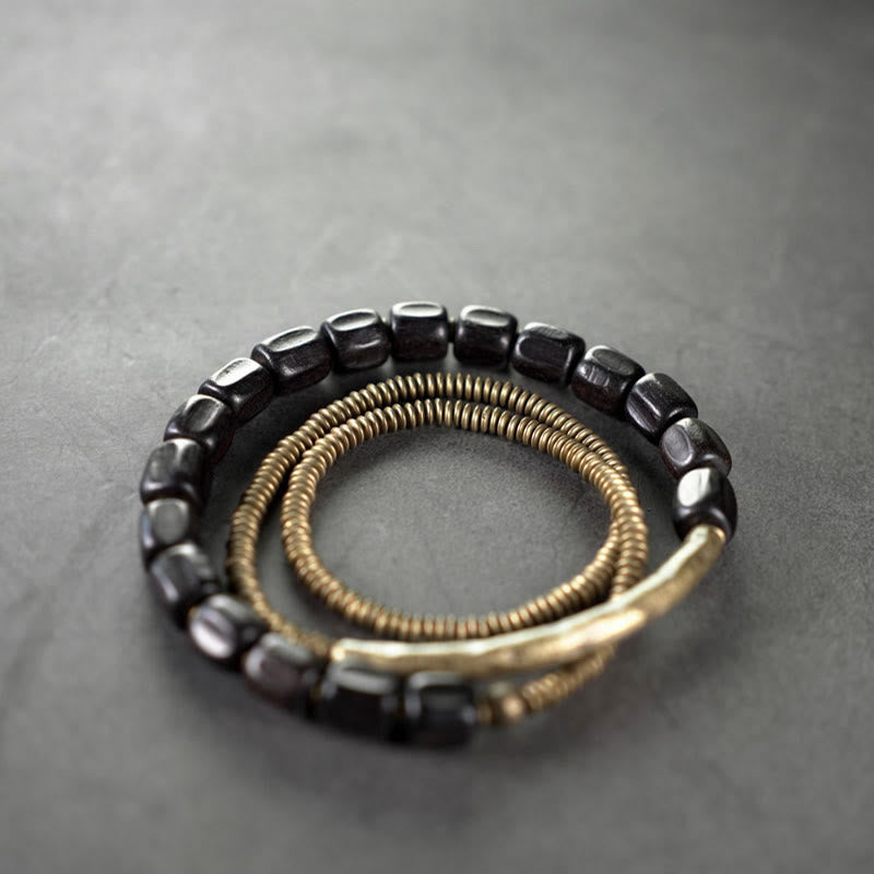 Pulsera curativa multicapa de cobre con cuentas de madera de ébano tibetano y Buddha Stones de la paz vintage