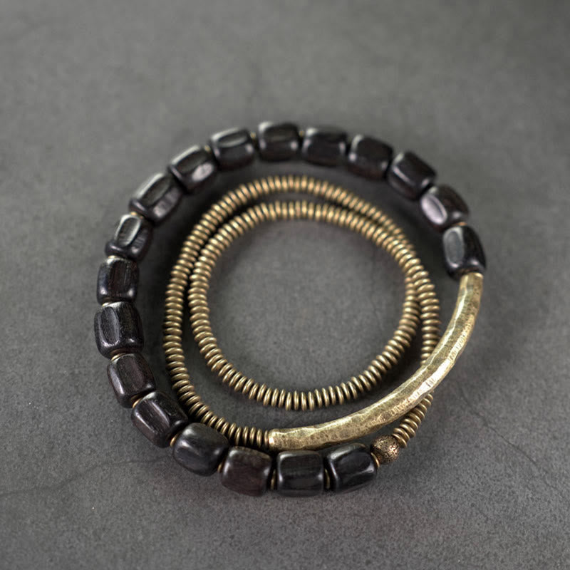 Pulsera curativa multicapa de cobre con cuentas de madera de ébano tibetano y Buddha Stones de la paz vintage