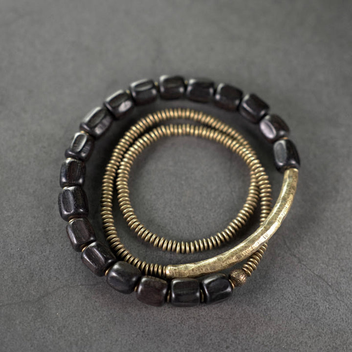 Pulsera curativa multicapa de cobre con cuentas de madera de ébano tibetano y Buddha Stones de la paz vintage