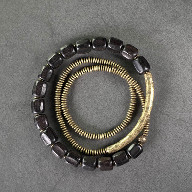 Pulsera curativa multicapa de cobre con cuentas de madera de ébano tibetano y Buddha Stones de la paz vintage