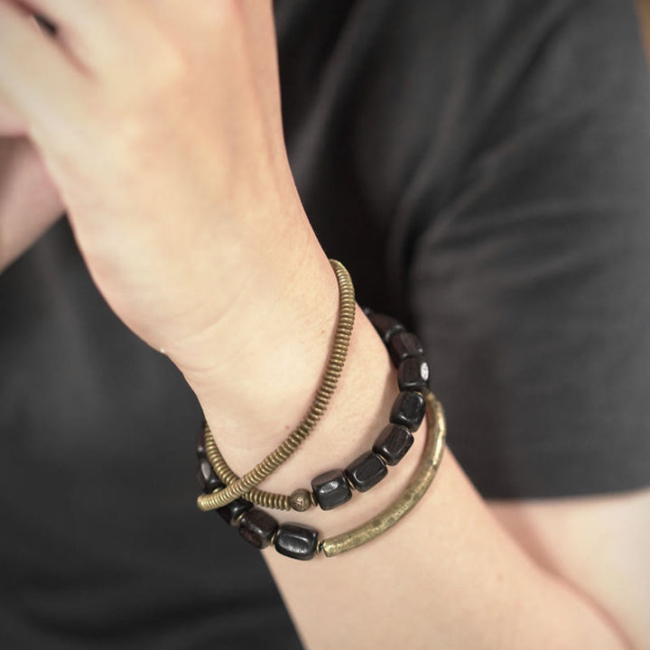 Pulsera curativa multicapa de cobre con cuentas de madera de ébano tibetano y Buddha Stones de la paz vintage