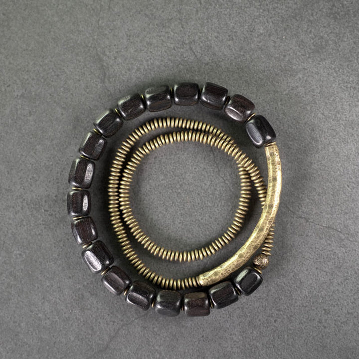 Pulsera curativa multicapa de cobre con cuentas de madera de ébano tibetano y Buddha Stones de la paz vintage
