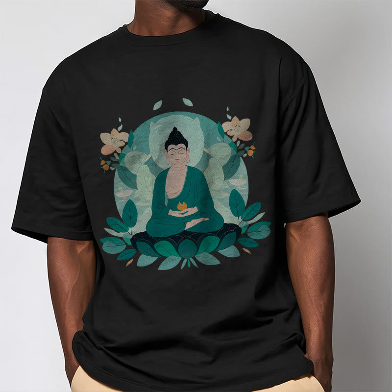 Buddha Stones Camiseta de Buda con ojos cerrados y hoja verde - image 7