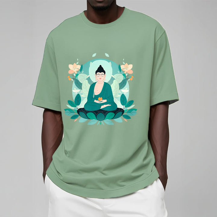 Buddha Stones Camiseta de Buda con ojos cerrados y hoja verde - image 2