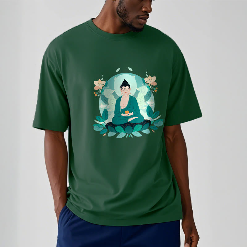 Buddha Stones Camiseta de Buda con ojos cerrados y hoja verde - image 13