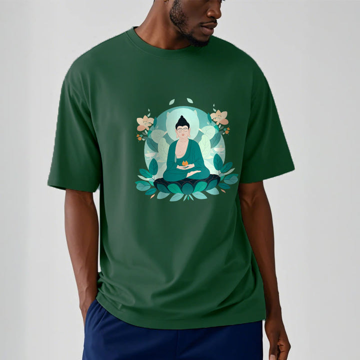 Buddha Stones Camiseta de Buda con ojos cerrados y hoja verde - image 13