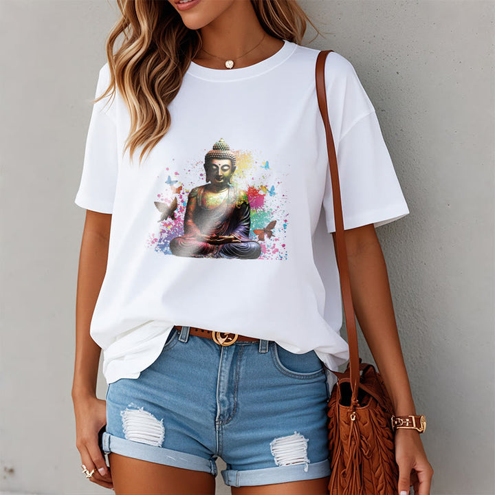 Camiseta de meditación de Buda con mariposa colorida volando Buddha Stones - image 7