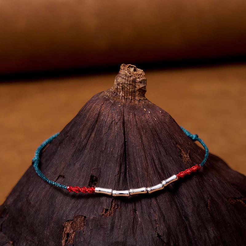 Buddha Stones Pulsera Ultradelgada de Cuerda Trenzada de Diseño de Bambú de Plata Esterlina 925 de Buena Suerte