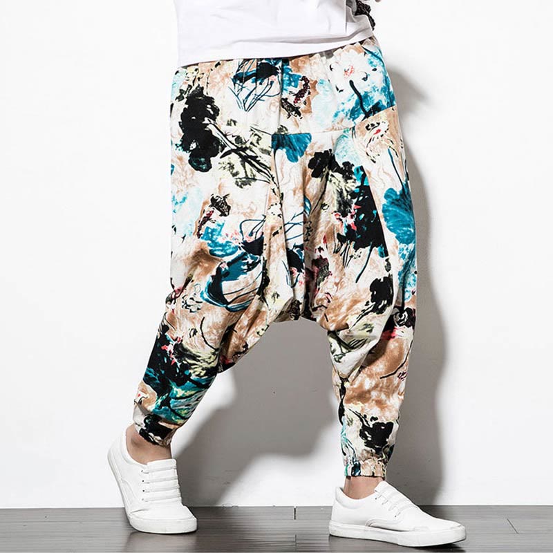 Pantalones harén largos de algodón con bolsillos para hombre con estampado de flores, hojas, Buddha Stones y pintura en marrón y azul - image 4