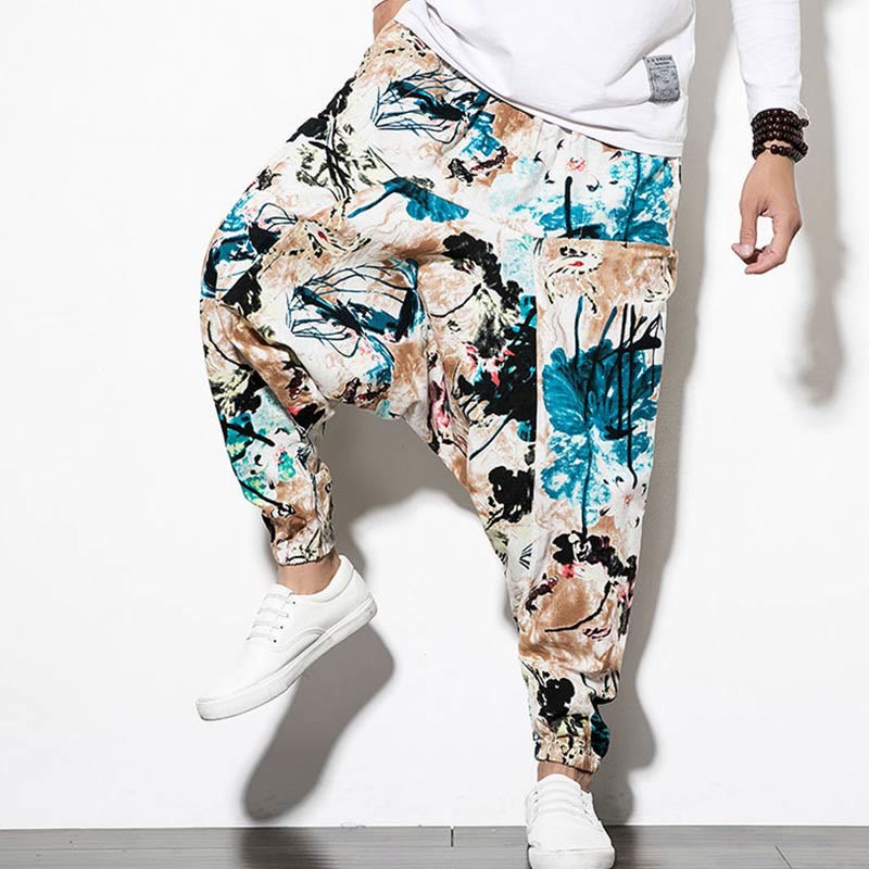 Pantalones harén largos de algodón con bolsillos para hombre con estampado de flores, hojas, Buddha Stones y pintura en marrón y azul - image 8