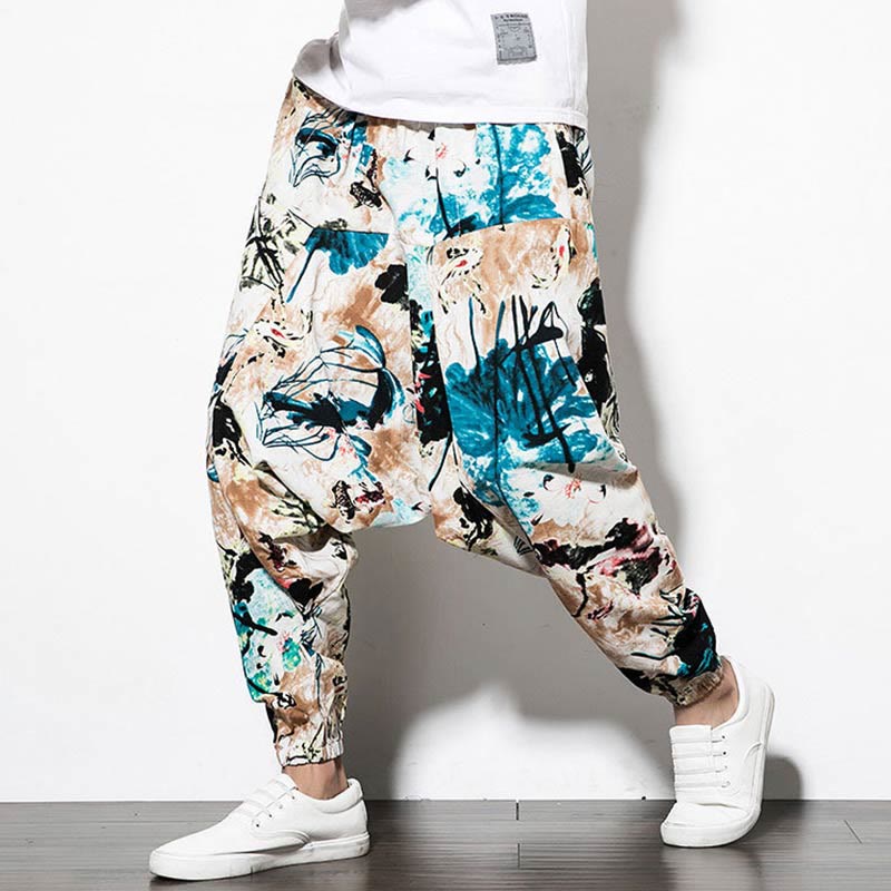 Pantalones harén largos de algodón con bolsillos para hombre con estampado de flores, hojas, Buddha Stones y pintura en marrón y azul - image 6