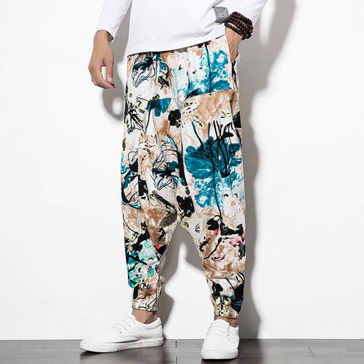 Pantalones harén largos de algodón con bolsillos para hombre con estampado de flores, hojas, Buddha Stones y pintura en marrón y azul - image 7
