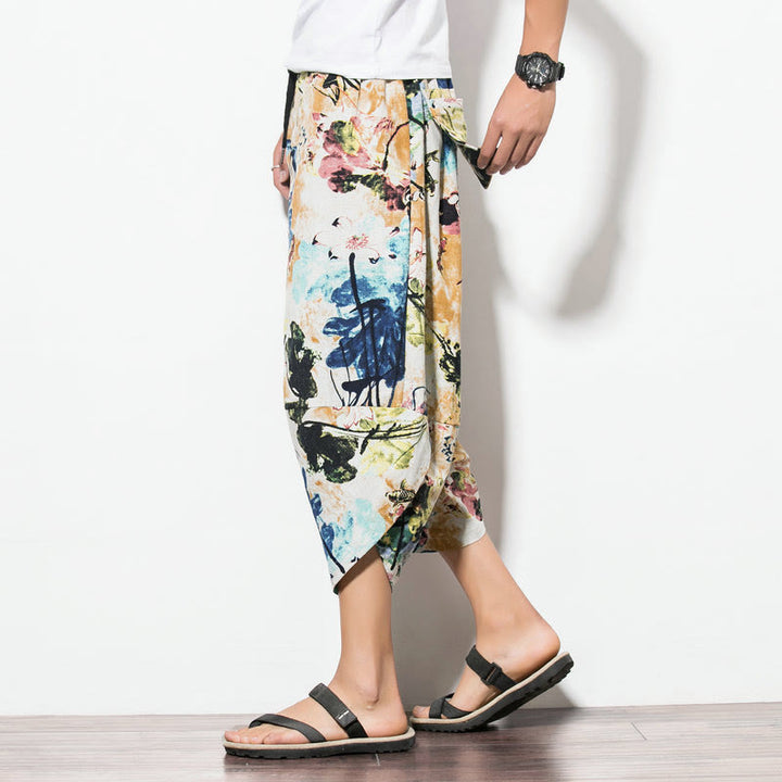 Pantalones harén largos de algodón con bolsillos para hombre con estampado de flores, hojas, Buddha Stones y pintura en marrón y azul - image 14