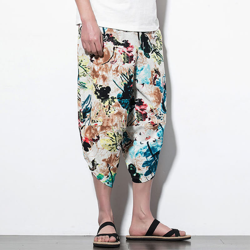 Pantalones harén largos de algodón con bolsillos para hombre con estampado de flores, hojas, Buddha Stones y pintura en marrón y azul - image 13
