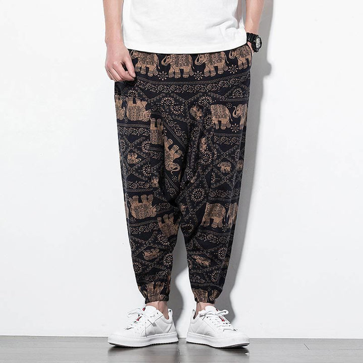 Pantalones harén largos de algodón con bolsillos para hombre, estampado de elefantes , Buddha Stones , marrón y negro - image 1