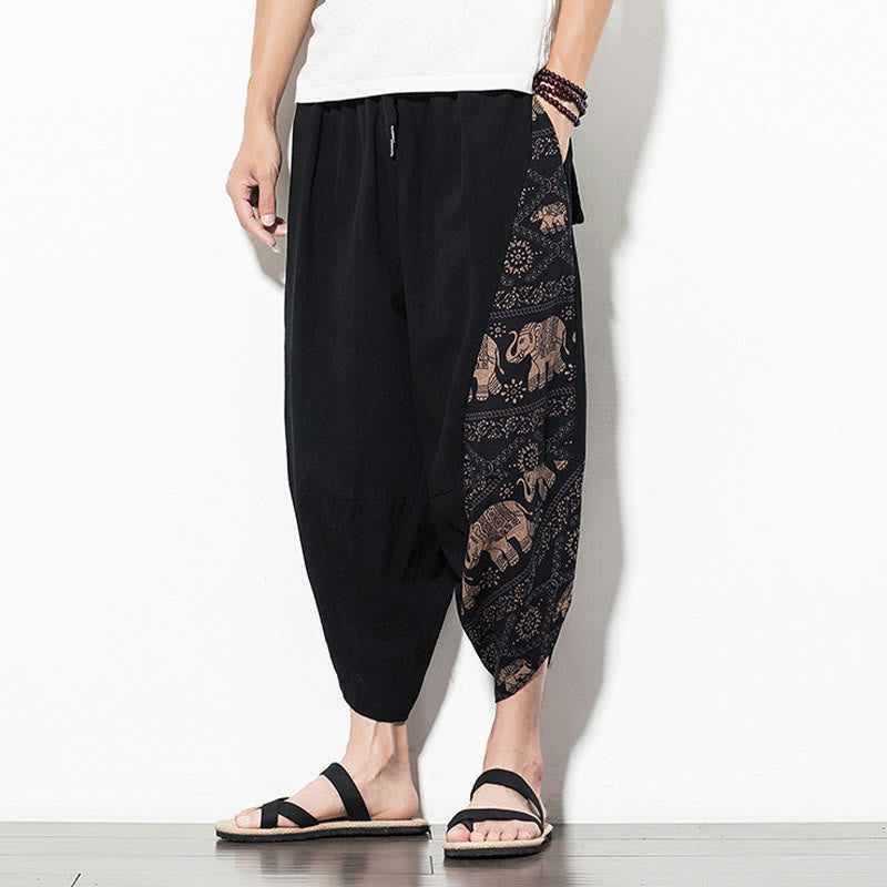 Pantalones harén cortos de algodón con estampado de elefante marrón y Buddha Stones para hombre con bolsillos - image 6