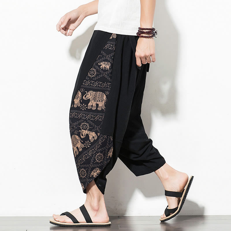 Pantalones harén cortos de algodón con estampado de elefante marrón y Buddha Stones para hombre con bolsillos - image 5