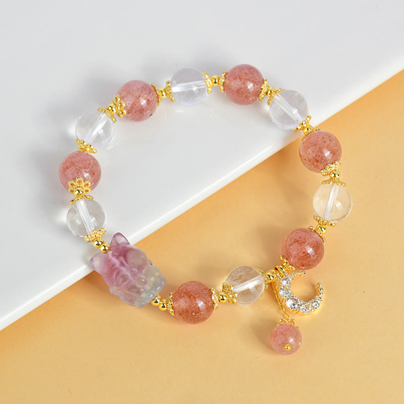 Pulsera con colgante de luna de zorro de nueve colas y cuarzo fresa blanco natural de Buddha Stones