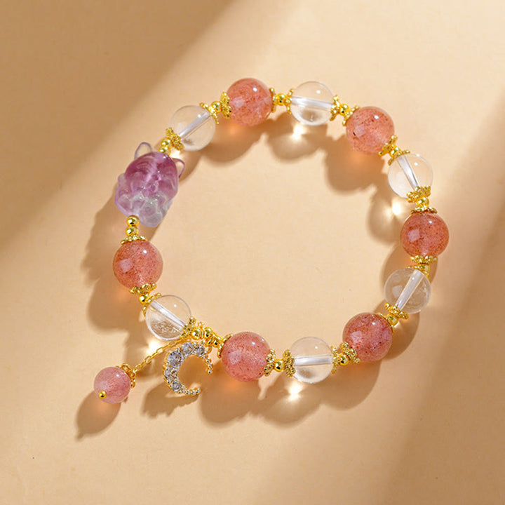 Pulsera con colgante de luna de zorro de nueve colas y cuarzo fresa blanco natural de Buddha Stones