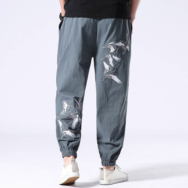 Pantalones harén con cordón y bolsillos para hombre con diseño bordado de grulla blanca y Buddha Stones - image 3
