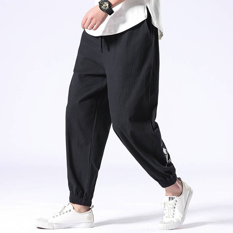 Pantalones harén con cordón y bolsillos para hombre con diseño bordado de grulla blanca y Buddha Stones - image 8