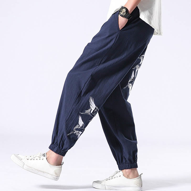 Pantalones harén con cordón y bolsillos para hombre con diseño bordado de grulla blanca y Buddha Stones - image 25