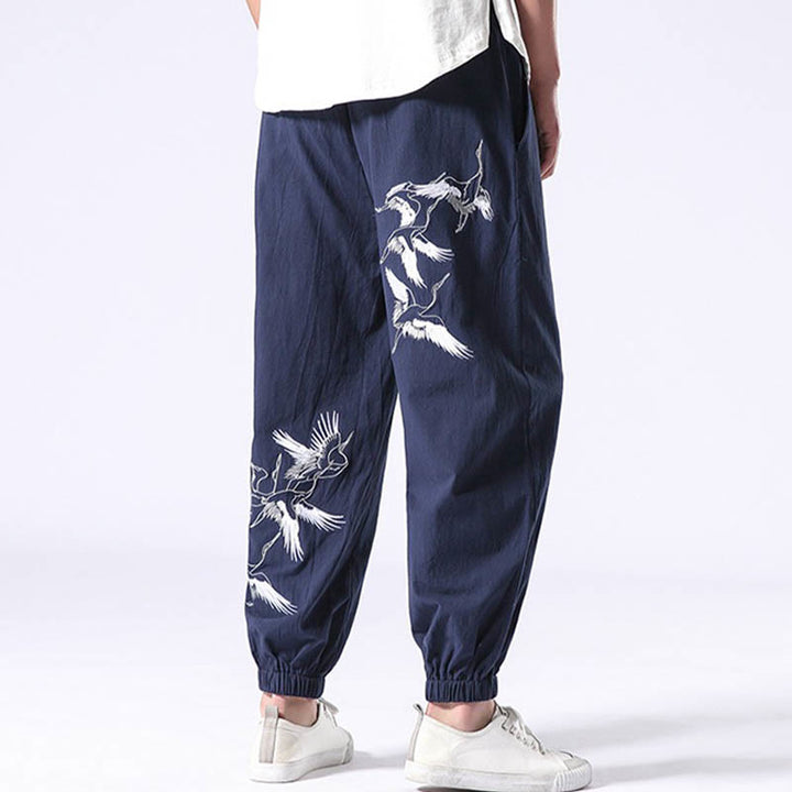 Pantalones harén con cordón y bolsillos para hombre con diseño bordado de grulla blanca y Buddha Stones - image 23