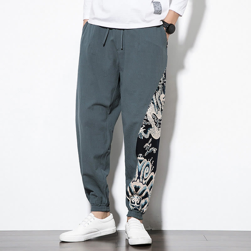 Pantalones de algodón con bolsillos para hombre con ondas de dragón de verano y Buddha Stones - image 2