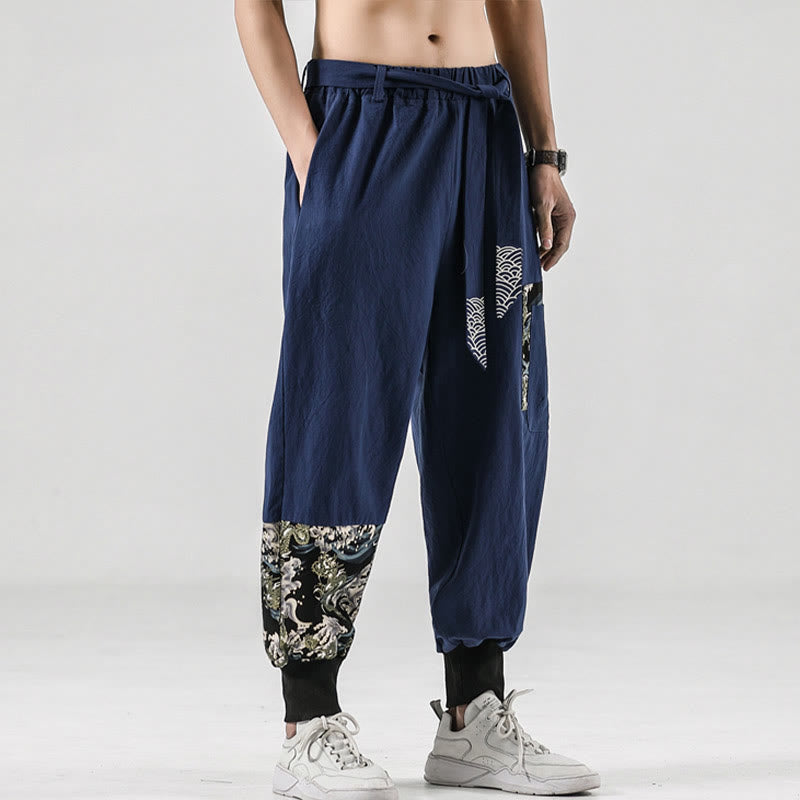 Pantalones harén de algodón con cordones y bolsillos para hombre con estampado de olas del océano y Buddha Stones - Azul acero - US/UK/AU46, EU56 (5XL)  - image 30