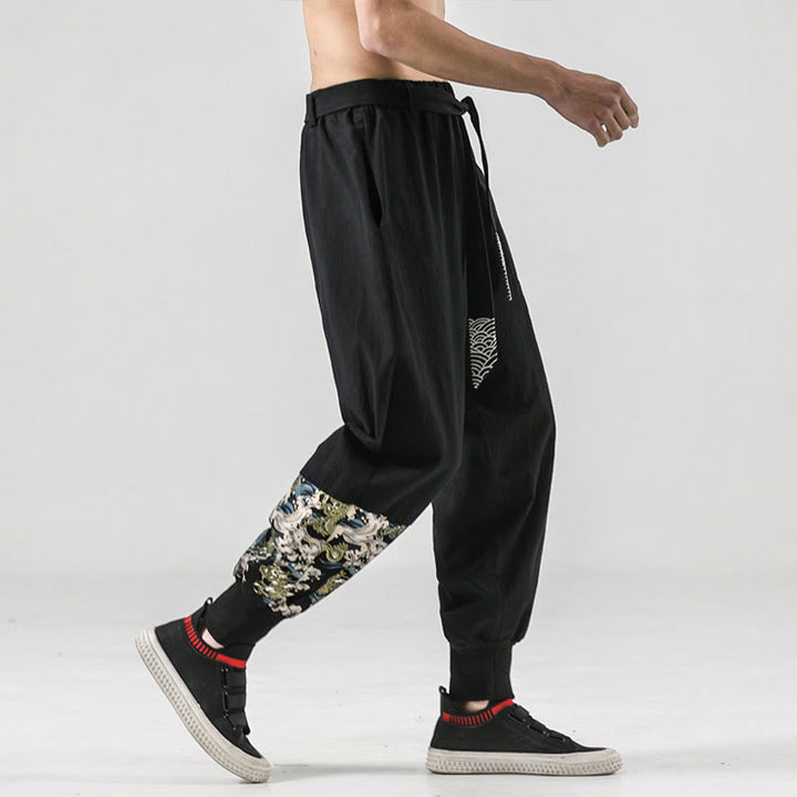 Pantalones harén de algodón con cordones y bolsillos para hombre con estampado de olas del océano y Buddha Stones - image 6