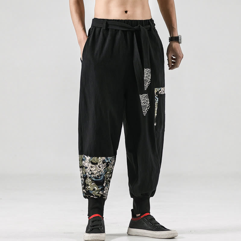 Pantalones harén de algodón con cordones y bolsillos para hombre con estampado de olas del océano y Buddha Stones - image 8