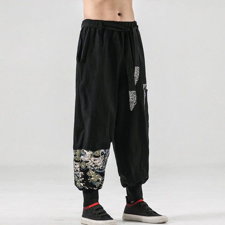 Pantalones harén de algodón con cordones y bolsillos para hombre con estampado de olas del océano y Buddha Stones - image 1
