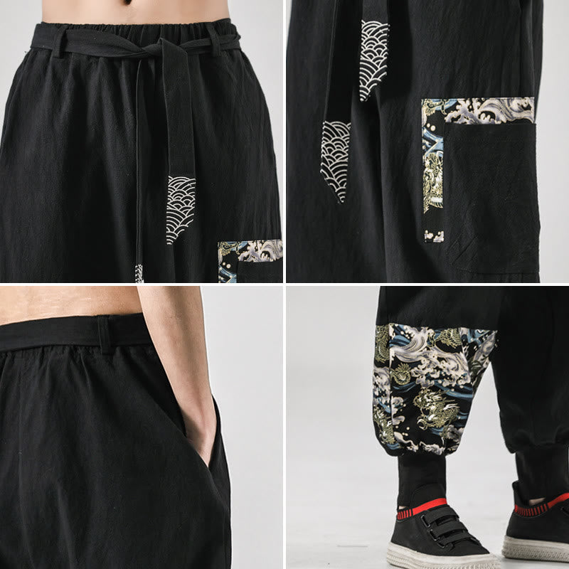 Pantalones harén de algodón con cordones y bolsillos para hombre con estampado de olas del océano y Buddha Stones - image 5