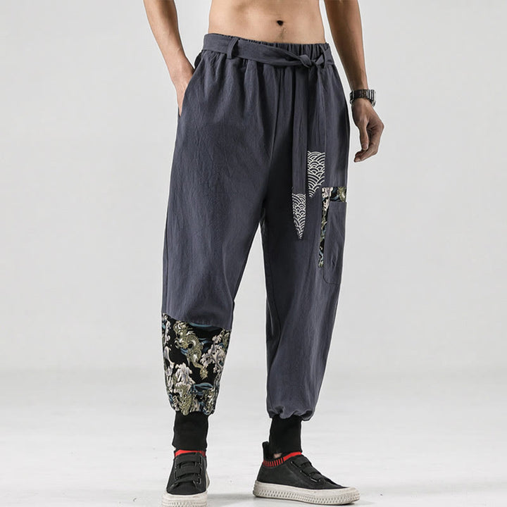 Pantalones harén de algodón con cordones y bolsillos para hombre con estampado de olas del océano y Buddha Stones - image 28