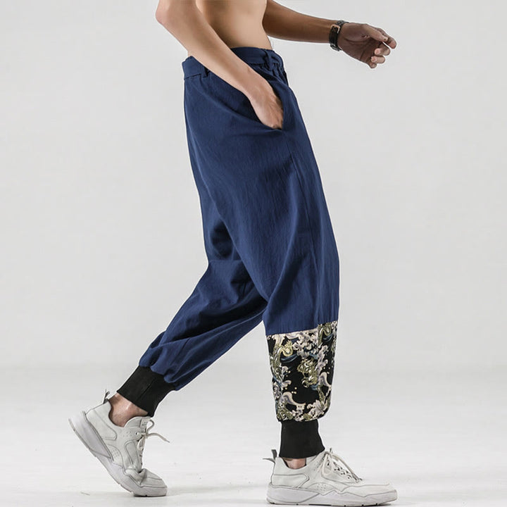 Pantalones harén de algodón con cordones y bolsillos para hombre con estampado de olas del océano y Buddha Stones - image 31