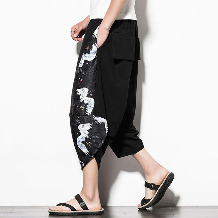 Pantalones harén cortos de algodón con estampado de grullas blancas y Buddha Stones para hombre con bolsillos - image 7