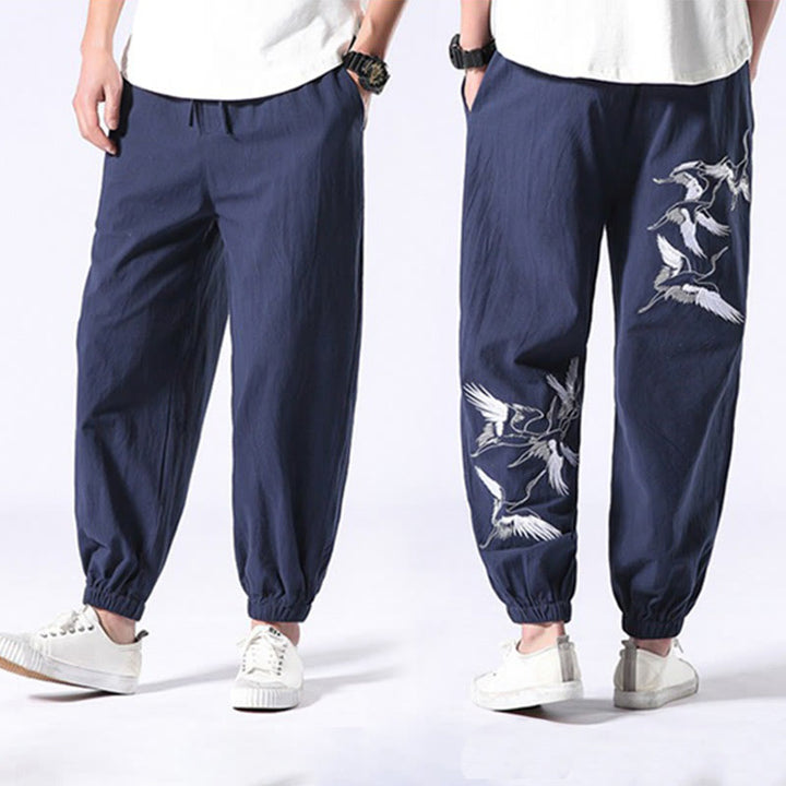 Pantalones harén con cordón y bolsillos para hombre con diseño bordado de grulla blanca y Buddha Stones - image 28