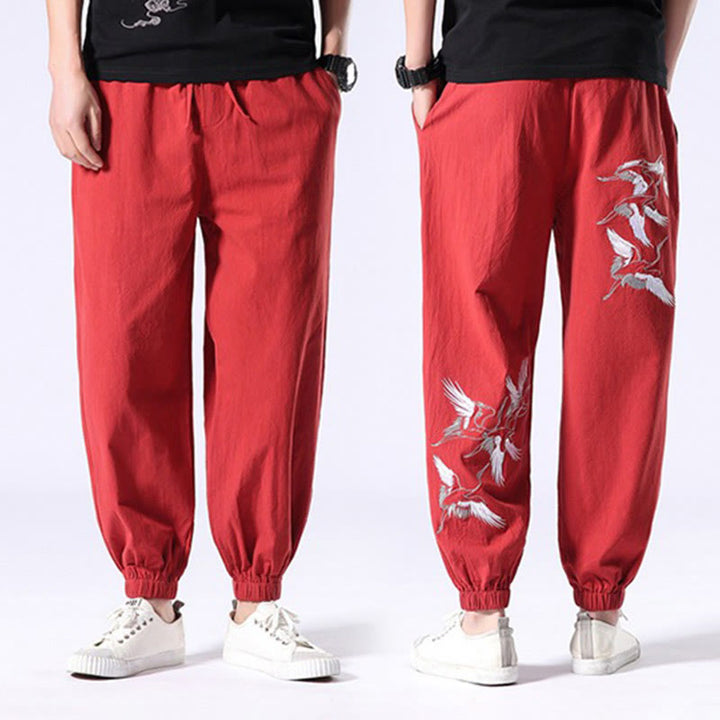 Pantalones harén con cordón y bolsillos para hombre con diseño bordado de grulla blanca y Buddha Stones - image 16