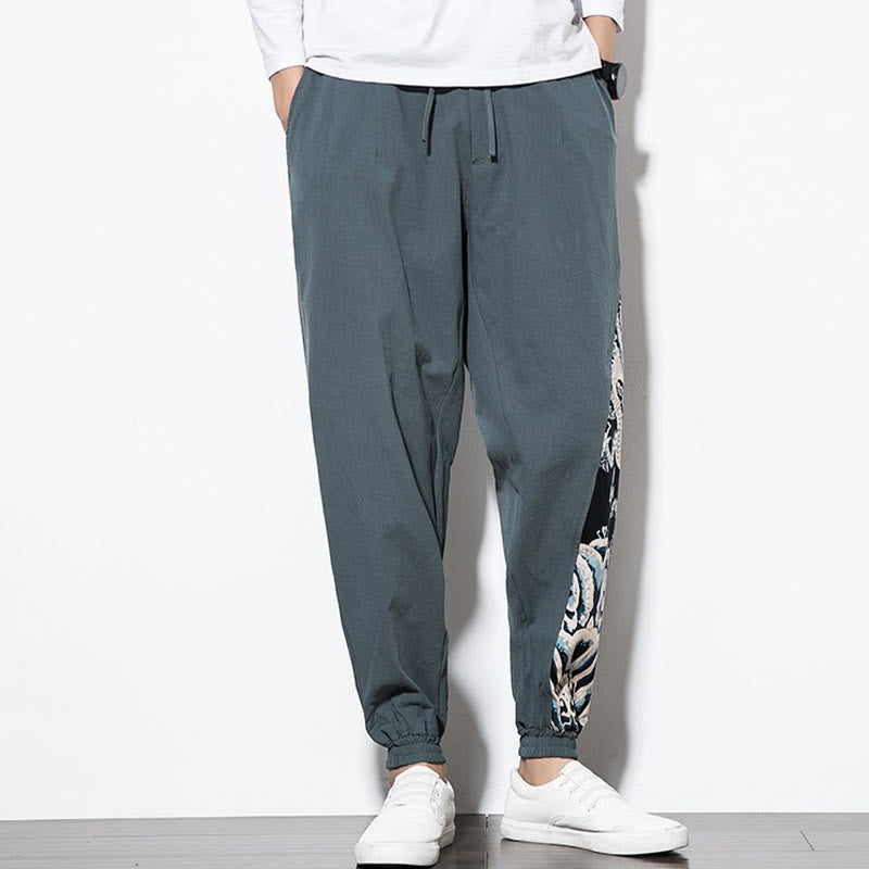 Pantalones de algodón con bolsillos para hombre con ondas de dragón de verano y Buddha Stones - image 4