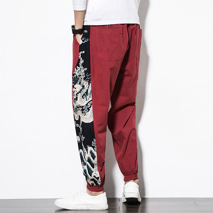 Pantalones de algodón con bolsillos para hombre con ondas de dragón de verano y Buddha Stones - image 22