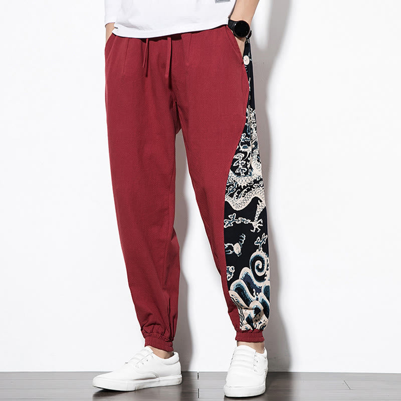 Pantalones de algodón con bolsillos para hombre con ondas de dragón de verano y Buddha Stones - image 21