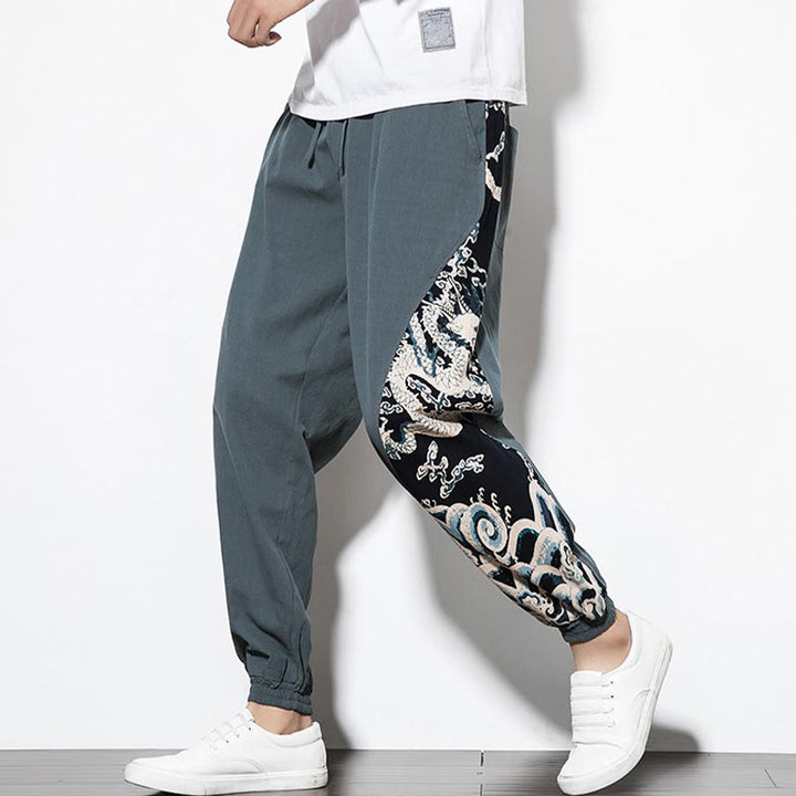 Pantalones de algodón con bolsillos para hombre con ondas de dragón de verano y Buddha Stones - image 7