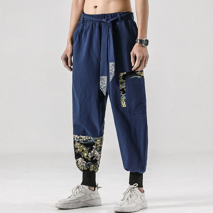 Pantalones harén de algodón con cordones y bolsillos para hombre con estampado de olas del océano y Buddha Stones - image 36