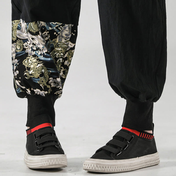 Pantalones harén de algodón con cordones y bolsillos para hombre con estampado de olas del océano y Buddha Stones - image 13