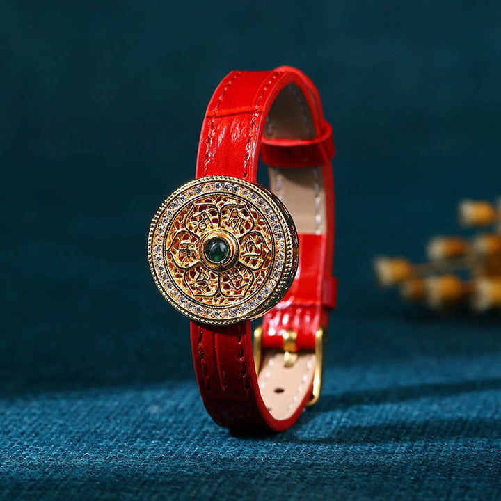 Pulsera de cuero chapada en oro de 24 Buddha Stones con seis palabras verdaderas, ocho tesoros y brújula de jade