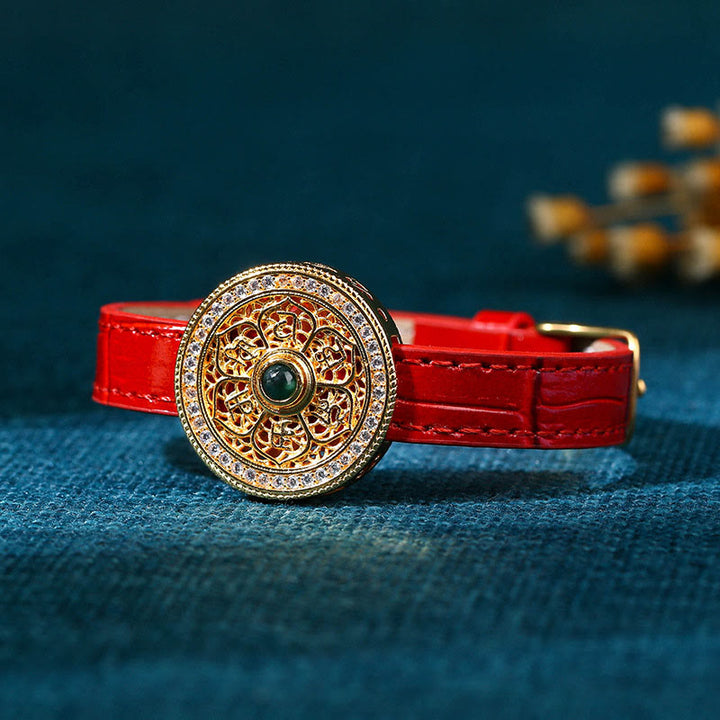 Pulsera de cuero chapada en oro de 24 Buddha Stones con seis palabras verdaderas, ocho tesoros y brújula de jade