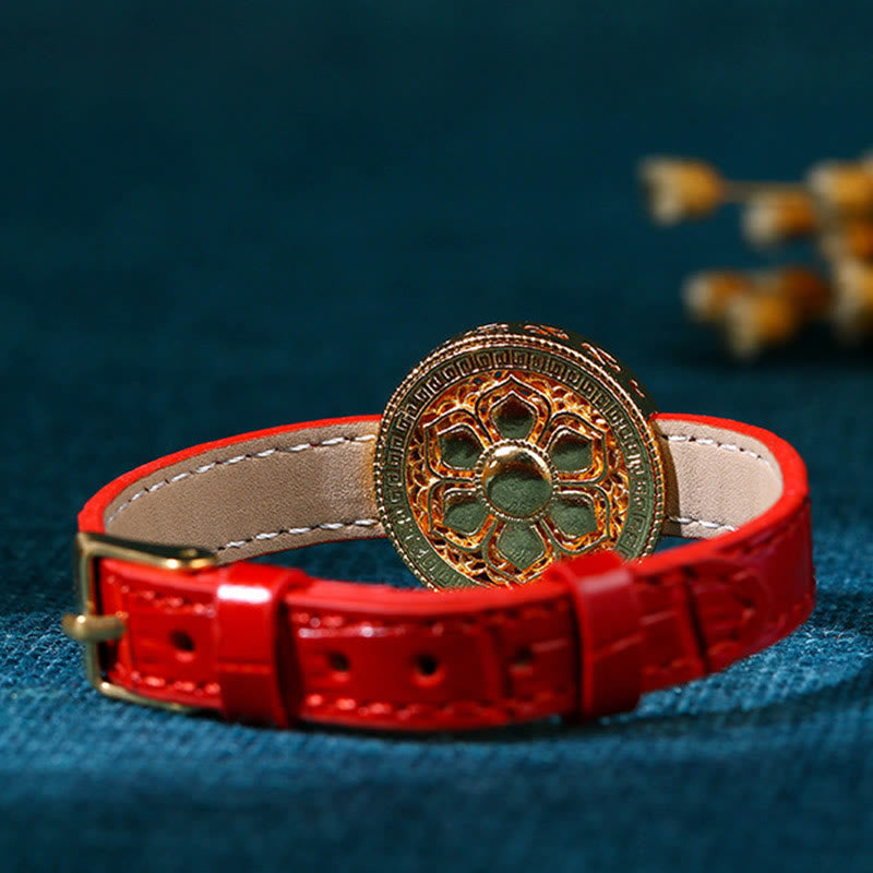 Pulsera de cuero chapada en oro de 24 Buddha Stones con seis palabras verdaderas, ocho tesoros y brújula de jade