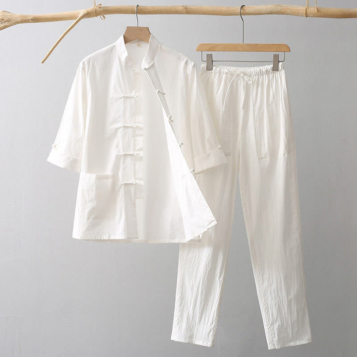 Camisa de manga tres cuartos con botones de rana y Buddha Stones, pantalones de pierna ancha, traje de lino y algodón para hombre