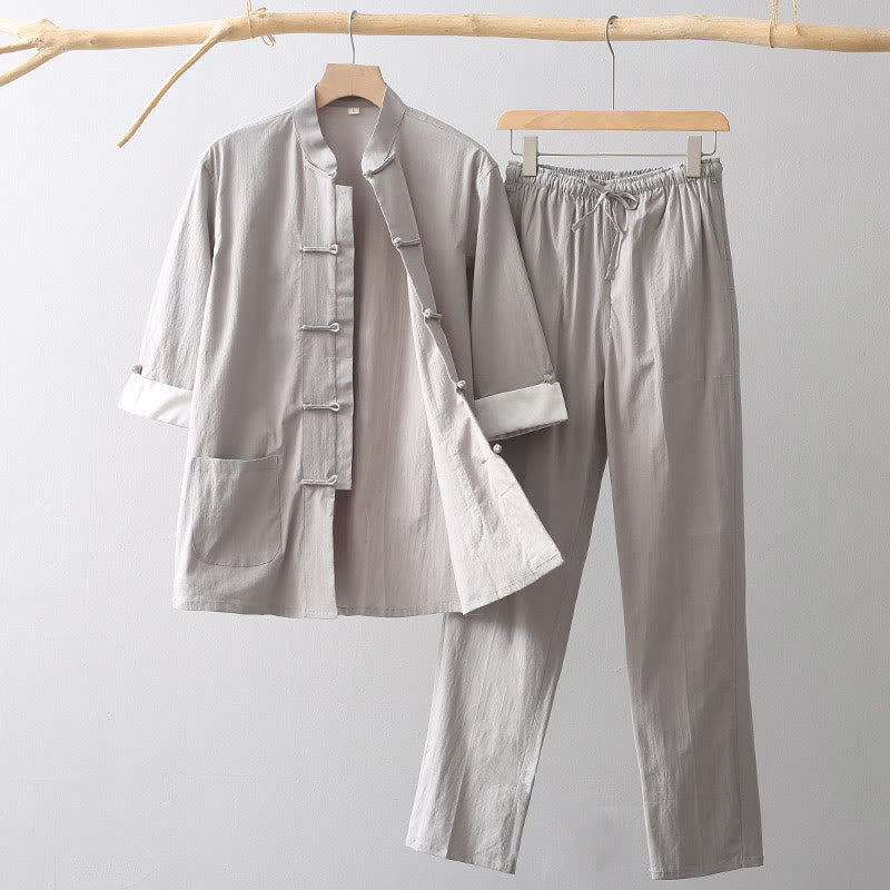 Camisa de manga tres cuartos con botones de rana y Buddha Stones, pantalones de pierna ancha, traje de lino y algodón para hombre